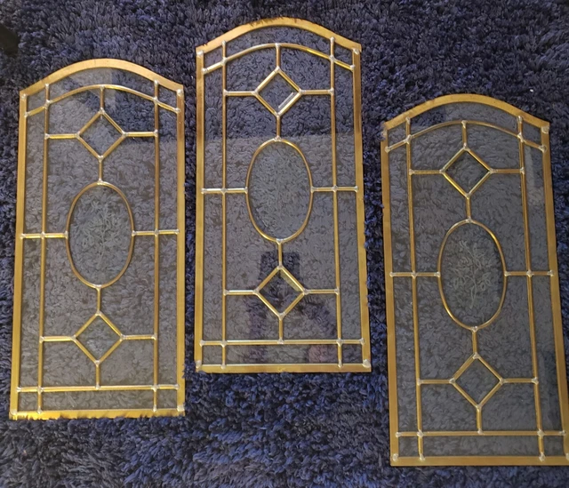 vintage brass leaded beveled etched floral glass windows  arched top