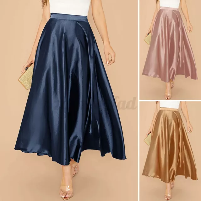 Size Women's Elegant Pleated Satin Dress Maxi High Waist Ladies Long Skirt Party