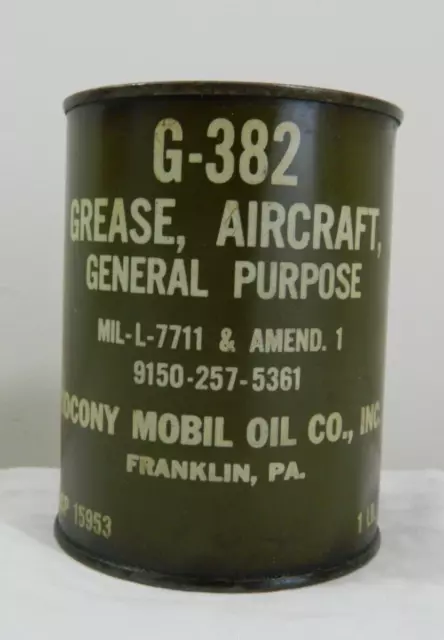 USAF Military GRN Can G-382 General Purpose Aircraft Grease Socony Mobil 1950's