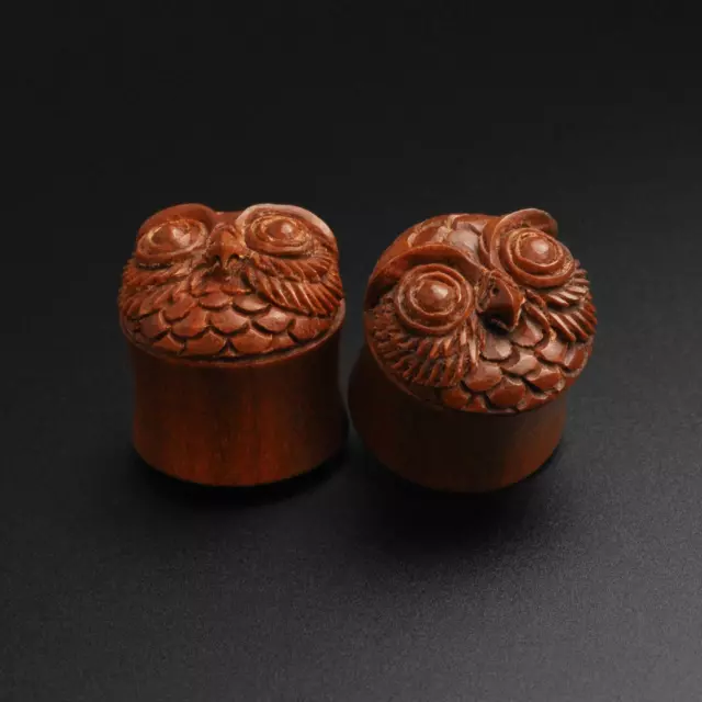Saba Wood Double Flare Plug With Owl Carving Handmade Organic Ear Gauges