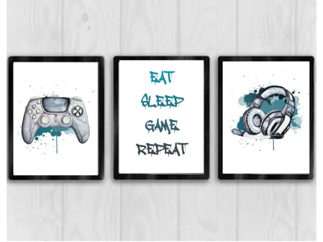 Set Of 3 A4 Gamer PlayStation Prints Gift Teenage Boys NO FRAME Eat Game Repeat