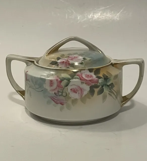 Antique Nippon Hand Painted Sugar Bowl with Lid, Pink Rose Pattern w/Gold Trim