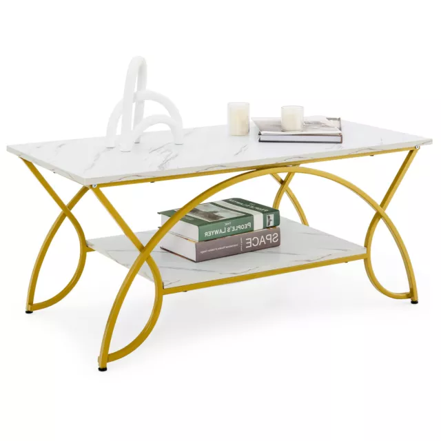 Modern Faux Marble Coffee Table 2-Tier Rectangular Accent Table Chic Cocktail