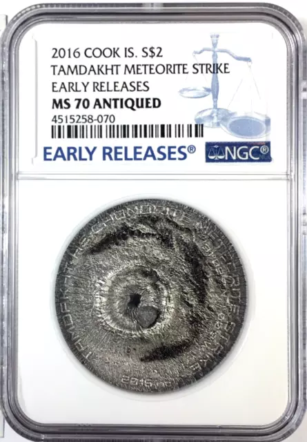 2016 Cook Islands Tamdakht Meteorite Strike MS70 NGC Antiqued Silver - ER LABEL!