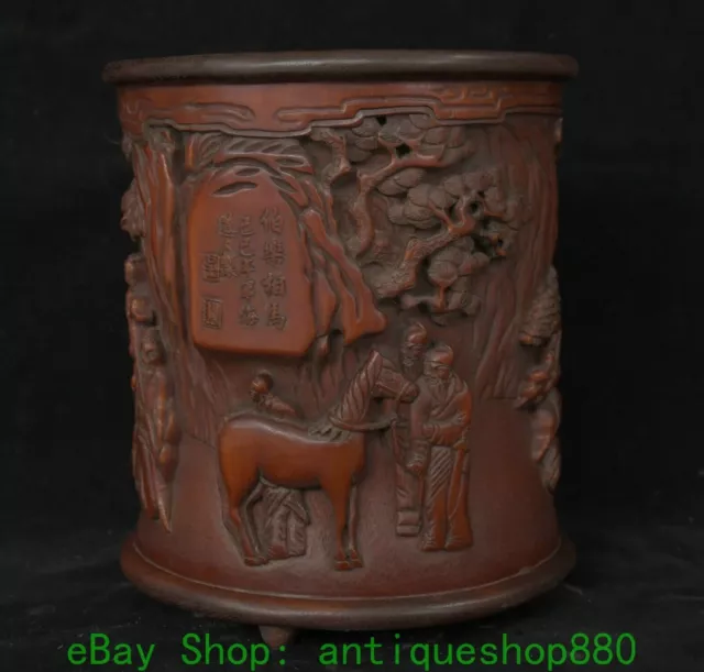 17CM Handwork Bamboo Carving Pine Tree Old Man horse Brush Pot Pencil Holder