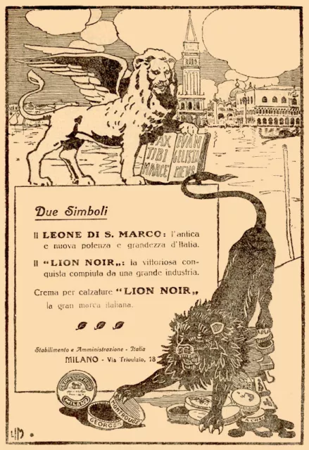 PUBBLICITA 1916 LION Noir Crema Per Calzature Black Lion Shiny