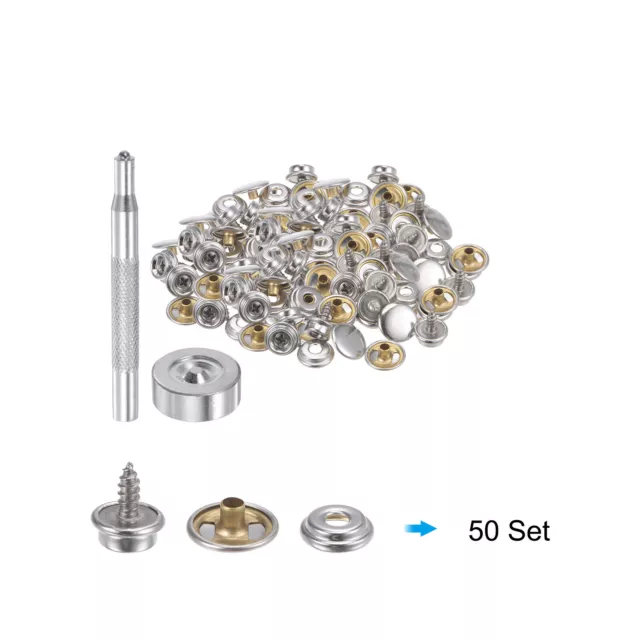 Kit de 50 juegos a presión de tornillos de acero inoxidable 10 mm broches de cobre botón con herramienta, tono plateado 3