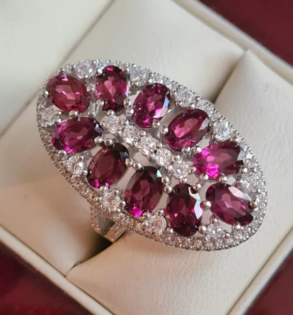 Large Pink Red Rhodolite Garnet and CZ 925 Sterling Silver Oval Ring Sz Q US 8.5