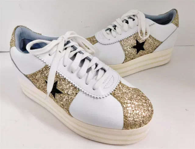 Chiara Ferragni White Leather Star Gold Glitter Platform Sneakers 39