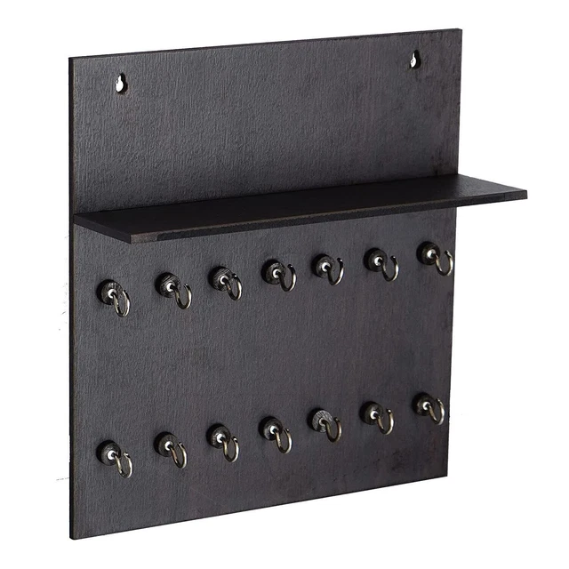 Premium Wooden Key Chain Wall Hanging Board with 14 Hooks and Shelf Brown