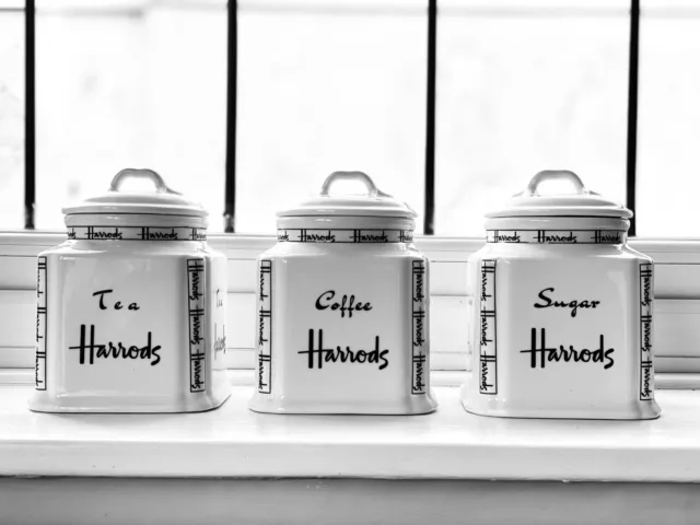 Harrods Tea Coffee Sugar Jar White Ceramic Air Tight Canister Storage Set 15 cm