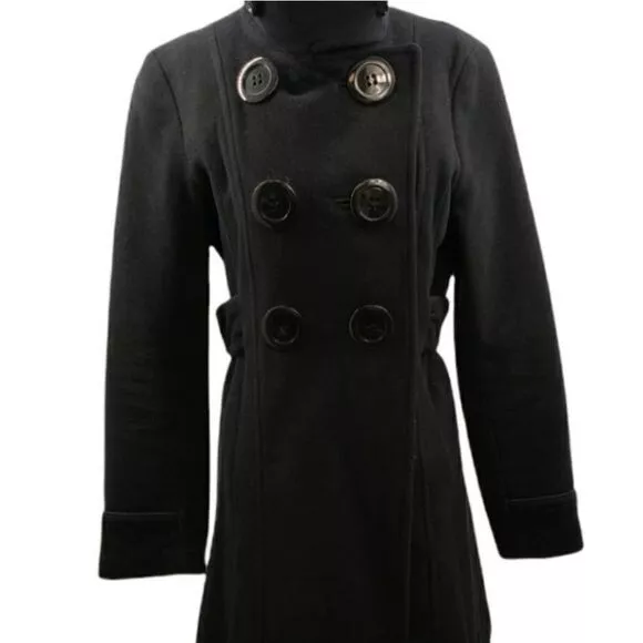 Soia & Kyo Wool Blend Coat Black High Asymmetrical Collar Big Buttons Medium