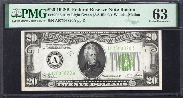 1928-B  $20 BOSTON FRN *LIGHT GREEN SEAL* PMG 63  Fr 2052-A lgs 08243160A 2