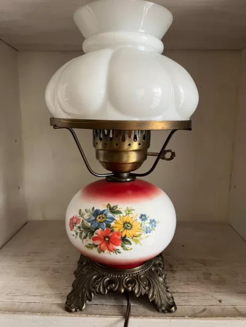 Vintage Loevsky GWTW Milk Glass Hand Painted Hurricane Lamp Spring Flower Vanity