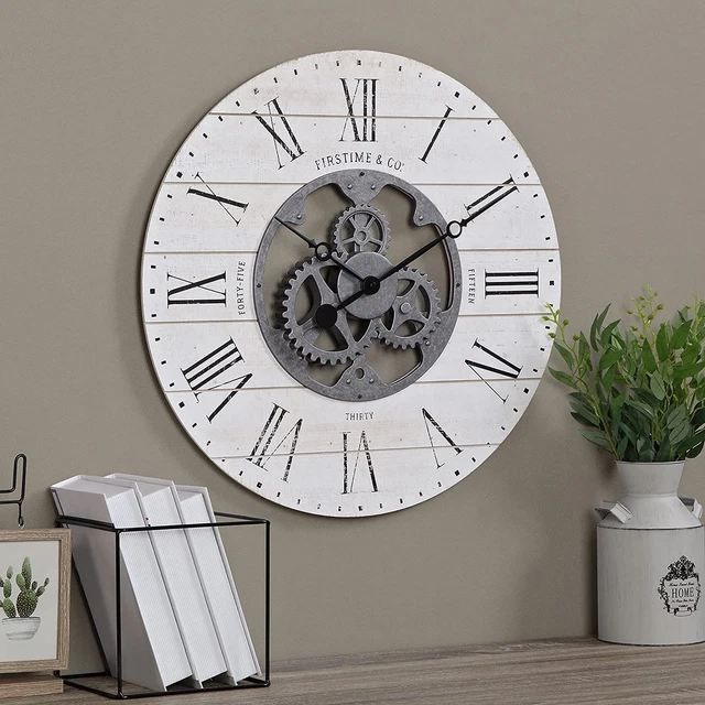 FirsTime & Co. White Shiplap Gears Wall Clock, Large Vintage Decor for Living...