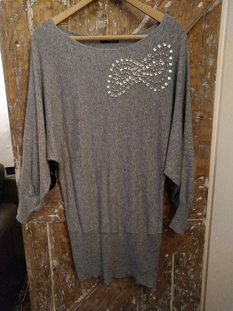 JANE NORMAN 12 10 Grey Jumper Bow Detail Gems Angora Tunic Dress Batwing Y2K 9.99 PicClick UK