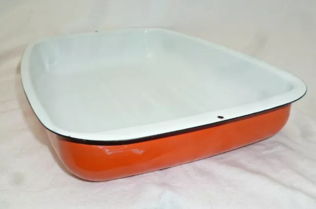 1970s VINTAGE RETRO ENAMEL WARE BAKING DISH - Orange & White - 35cm long - vgc 2