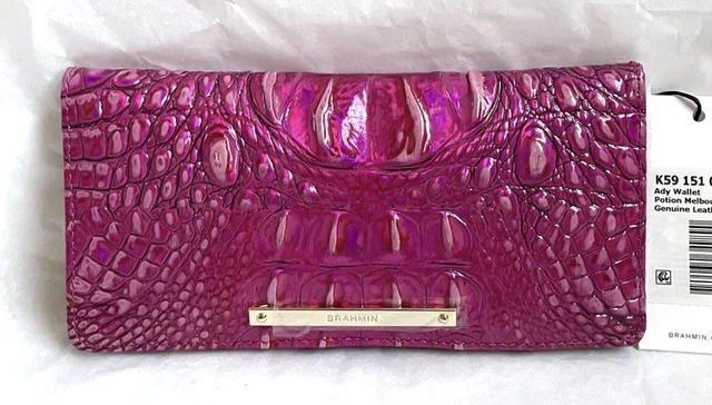 New Brahmin Melbourne Ady Croc Embossed Leather Slim Wallet POTION Bright Pink