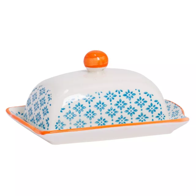 Porcelaine Cuisine modelée Beurrier avec couvercle - Bleu / Orange