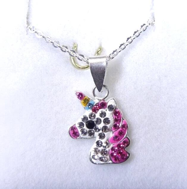 Children's Multicolour Crystal Solid Sterling Silver Italian Unicorn Necklace