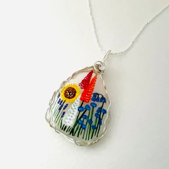 Flower garden sea glass necklace, hand painted to order - 18" silver chain