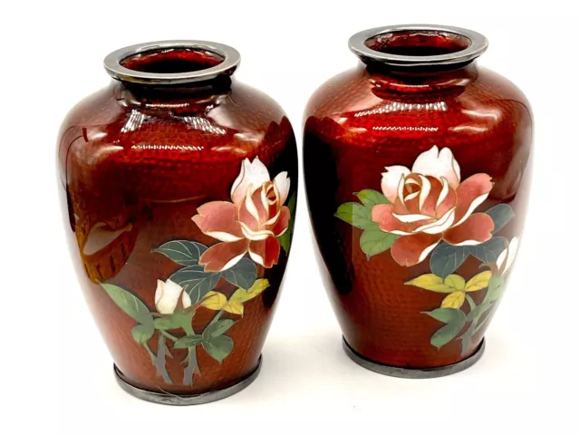 Vintage Pair Japanese Red Pigeon Blood Cloisonne Enamel Vases W/ Flowers 4”