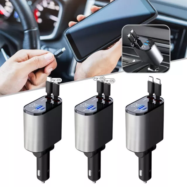 100W 4IN1 Retractable Car Charger USB Type C Cable For Phone Fast Charge Adap# 2