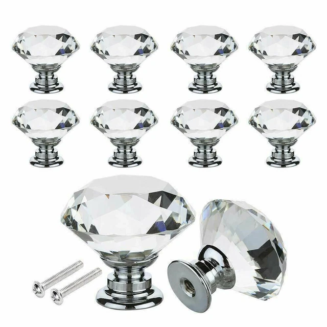 8X 40MM Crystal Diamond Door Knobs Transparent Glass Clear Cabinet Drawer Handle