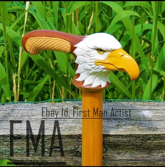 Bald Eagle Head Walking Stick Wooden Hand Carved Bird Walking Cane Xmas GIFT