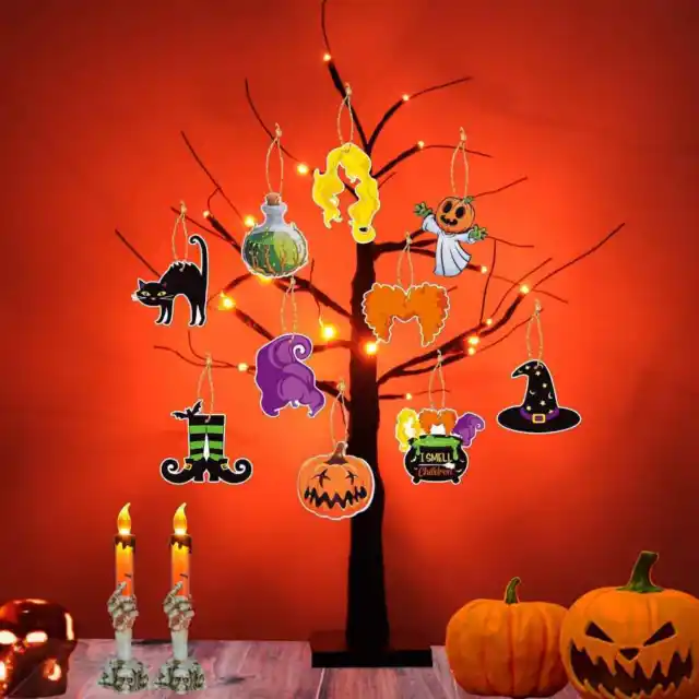24LED Lighted Halloween Tree 2FT Black Spooky Tree with 21pcs Hanging Ornaments