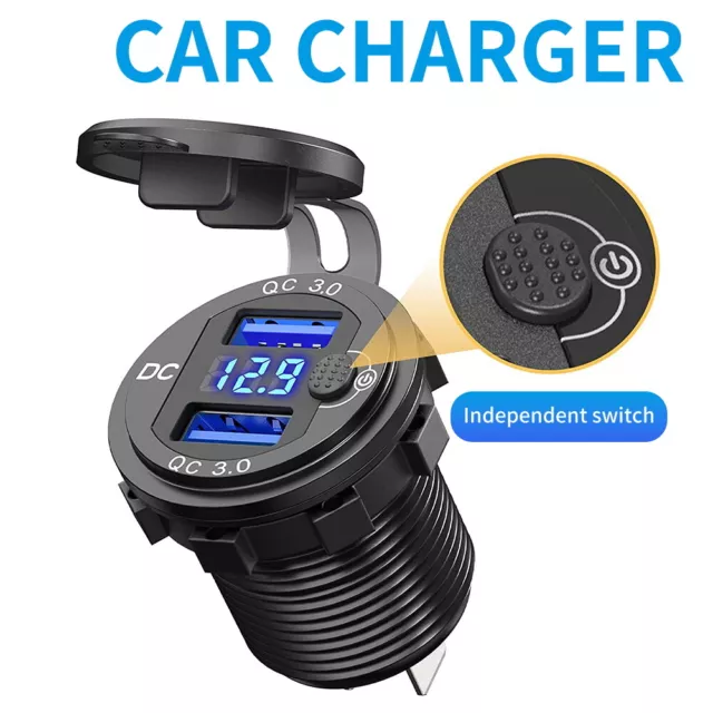 Dual USB Fast Car Charger Socket Power Outlet W/QC 3.0 Adapter LED Voltmeter 12V