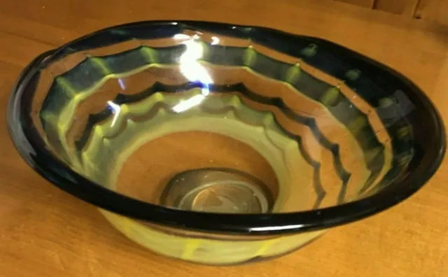 Large Studio Art Glass Bowl Centerpiece Blue Green and Yellows Designer Piece
