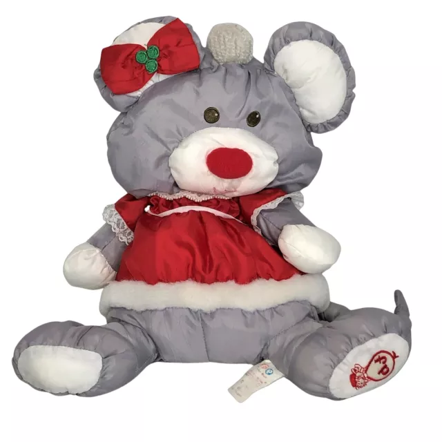 Vtg. Fisher Price Puffalumps plush Christmas mouse w red dress & bow 1988 #8034