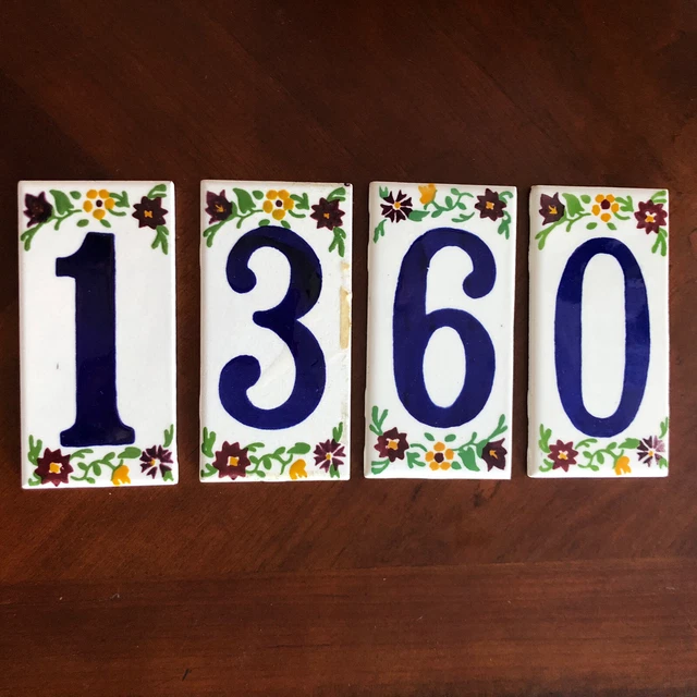lot of 4 ceramic painted tiles with numbers House Each 3”X6”