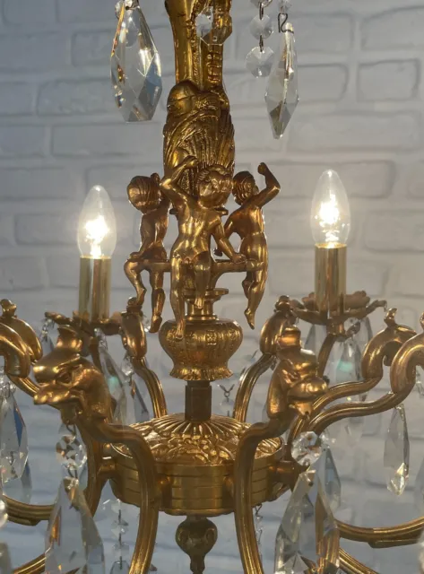 Antik Vintage 8 Arme Gussmessing & Kristalle Cherub Kronleuchter Beleuchtung Lampe