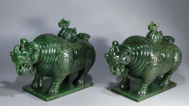 Chinese Exquisite Handmade Rhino carving Green Hetian Jade Statue A Pair 3