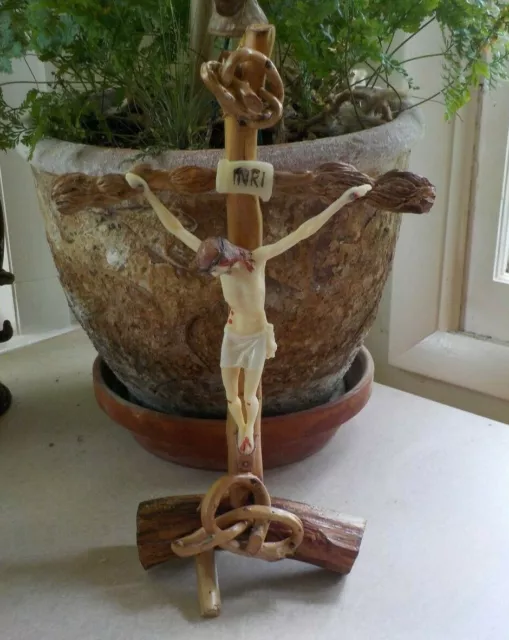 Unique Vintage Catholic Crucifix Antique Plastic Jesus on gnarled Wood Cross 12"