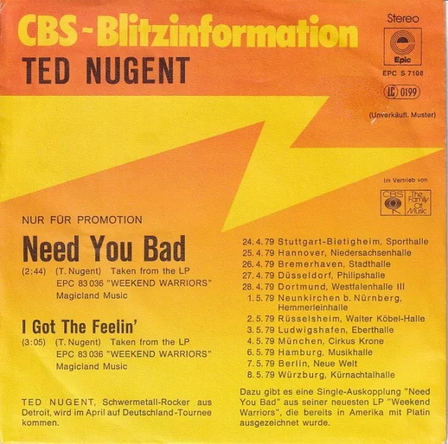 PROMO: TED NUGENT - Need You Bad / I Got The Feelin - 7" Single 1978 CBS Germany