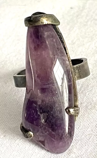 Vintage 1960'S Hand Made Tall Sterling Silver Amethyst Ring - Free Ship