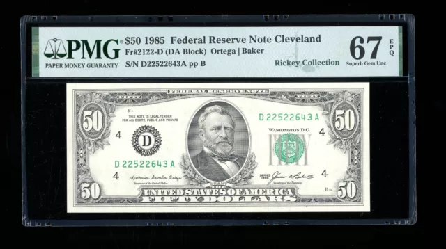 DBR 1985 $50 FRN Cleveland Fr. 2122-D Superb Gem PMG 67 EPQ Serial D22522643A
