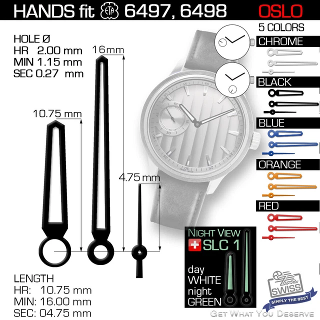 Watch Hands Set For ETA Unitas 6497/6498, Chrome & Rose Gold, Swiss Super-Luminova SLC1, Ref 301