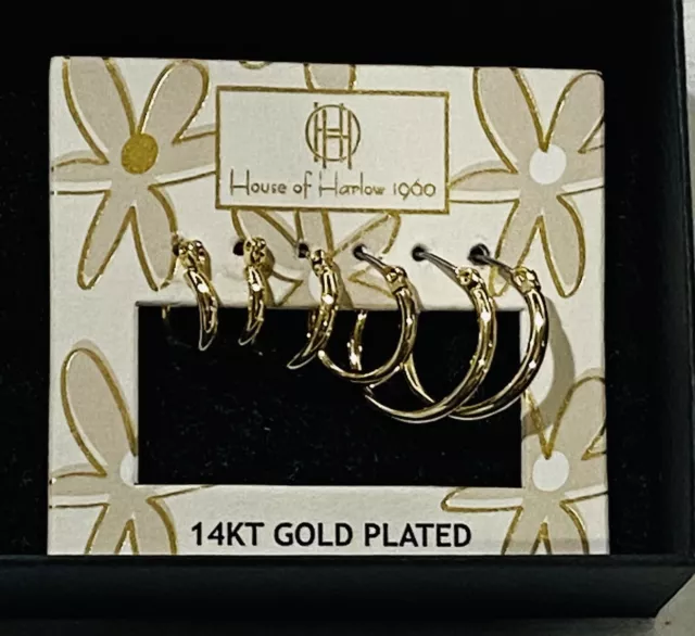 14 KT Gold Plated House of Harlow 1960 Set of 3 Gold Hoop Earrings NEW IN BOX