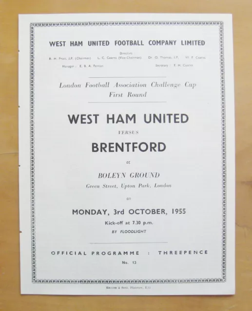 WEST HAM UNITED v BRENTFORD London FA Challenge Cup 1955/1956 Exc Cond Programme