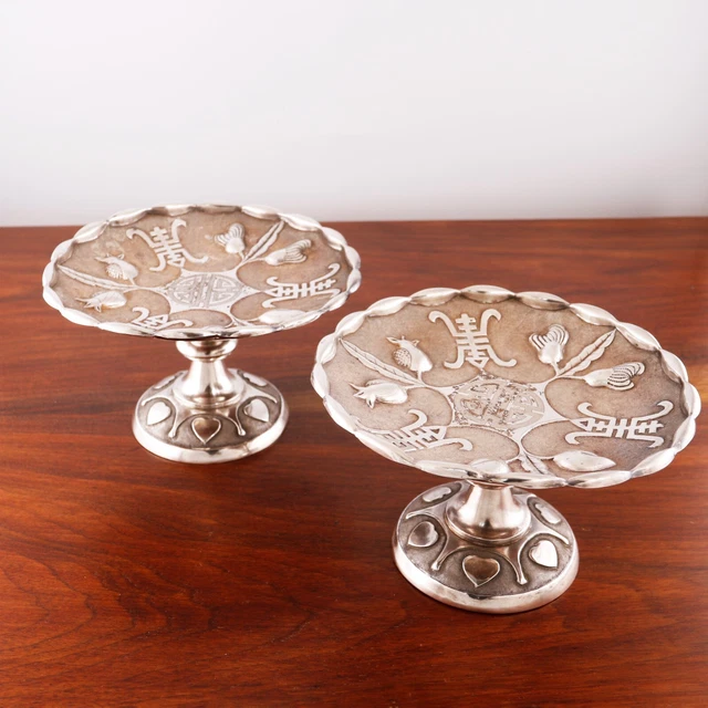 2 Matching Chinese Export Sterling Silver Compotes Hearts Florals Shark Skin