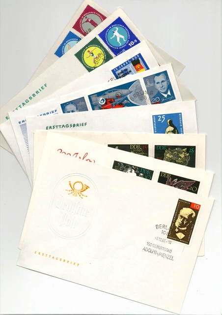 DDR, 1965: 8 FDC: Fünfkampf, Kosmonauten, Vietnam, Mahnstätten, Menzel, Freiberg