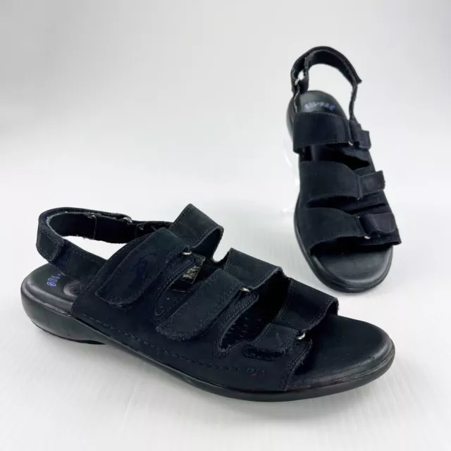 DR SCHOLLS SISSY Black Leather Three Strap Gel Pac Sandals Shoes Womens ...