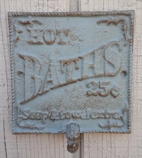 Rustic  Cast Iron Victorian Style HOT BATH Wall Plaque Coat Towel Hook