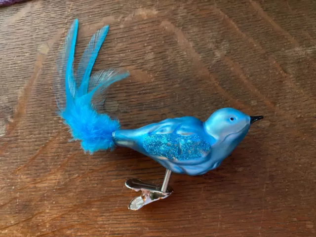 Mercury Glass Blue Bird Clip Christmas Krebs Germany Ornament 7"