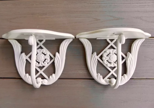 2 Vtg Cast Iron Wall Shelf Sconces - Bone Color Lattice Flower Acanthus Feathers