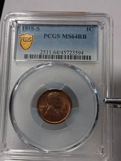 👉1918 -S GOLD SHIELD *PCGS MS64RB Red and Brown Lincoln Wheat Cent